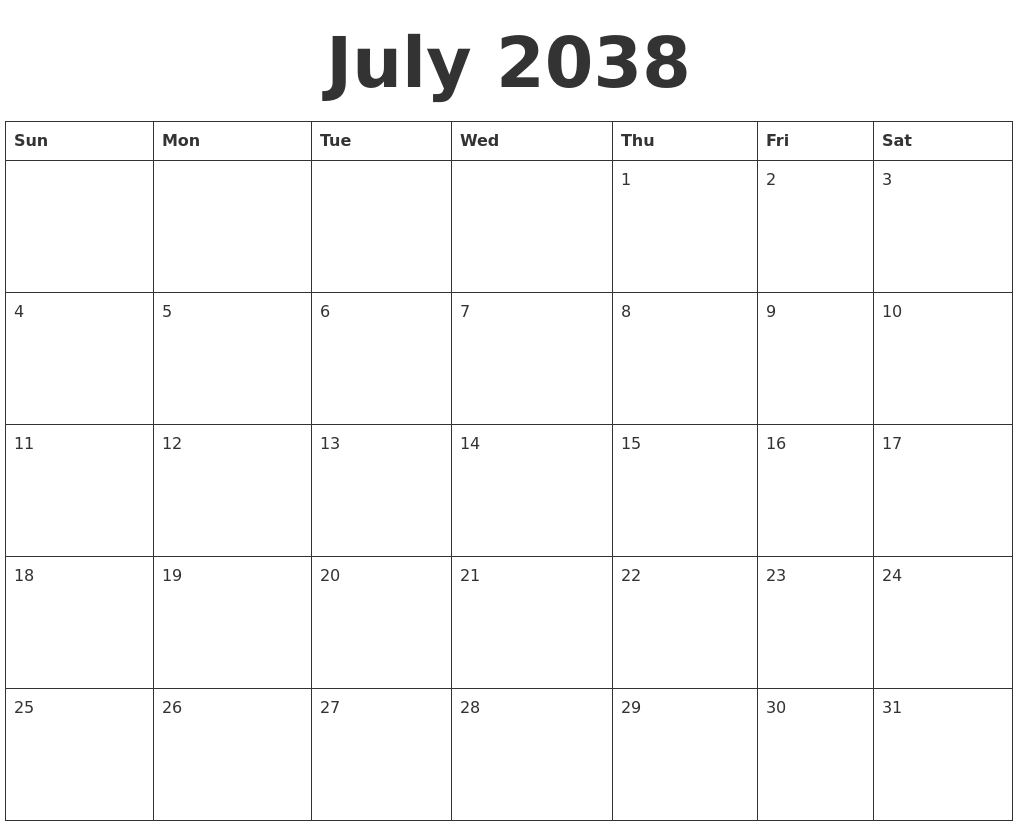 July 2038 Blank Calendar Template