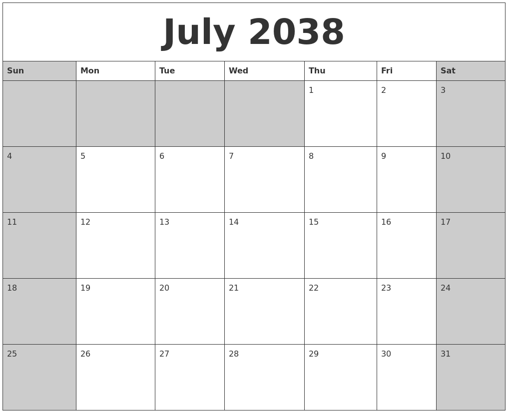July 2038 Calanders