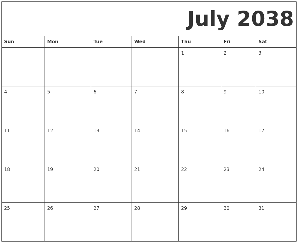 July 2038 Free Printable Calendar