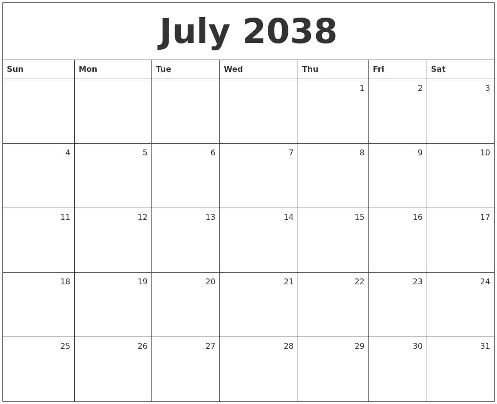 July 2038 Monthly Calendar