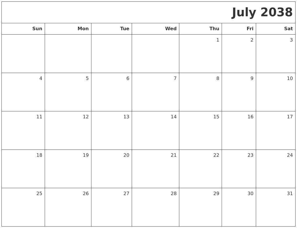 July 2038 Printable Blank Calendar