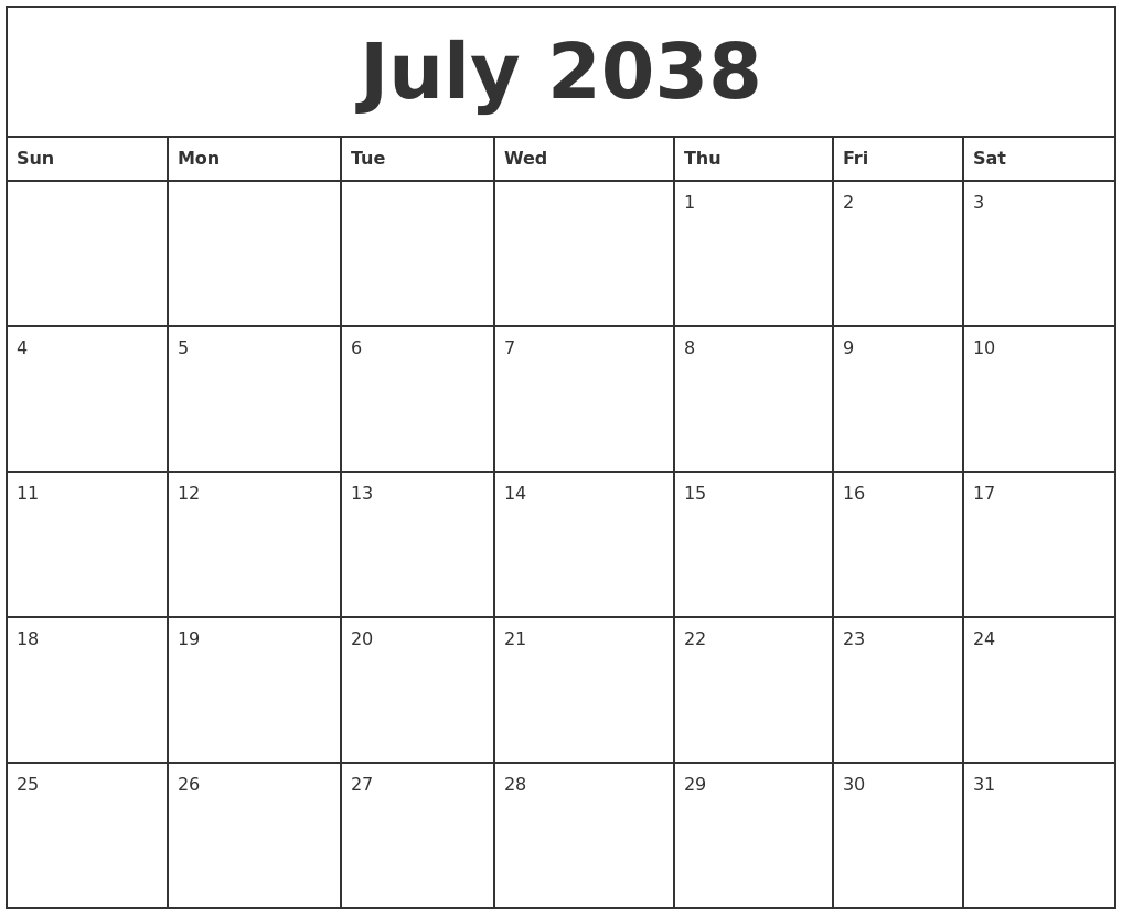 July 2038 Printable Monthly Calendar