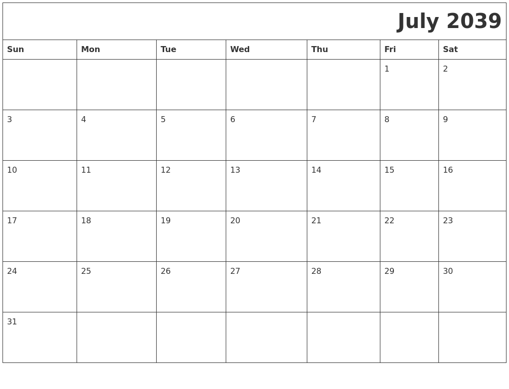 July 2039 Download Calendar