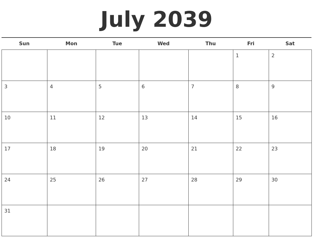 July 2039 Free Calendar Template