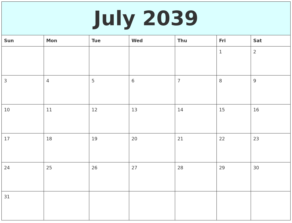 July 2039 Free Calendar