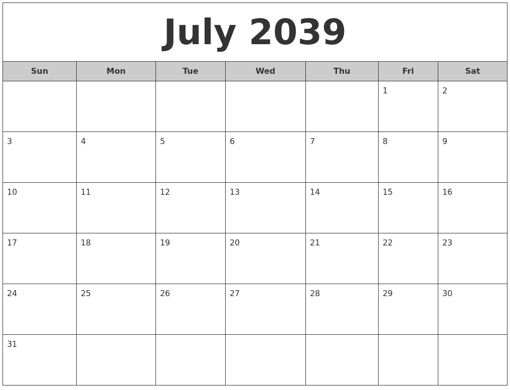 July 2039 Free Monthly Calendar