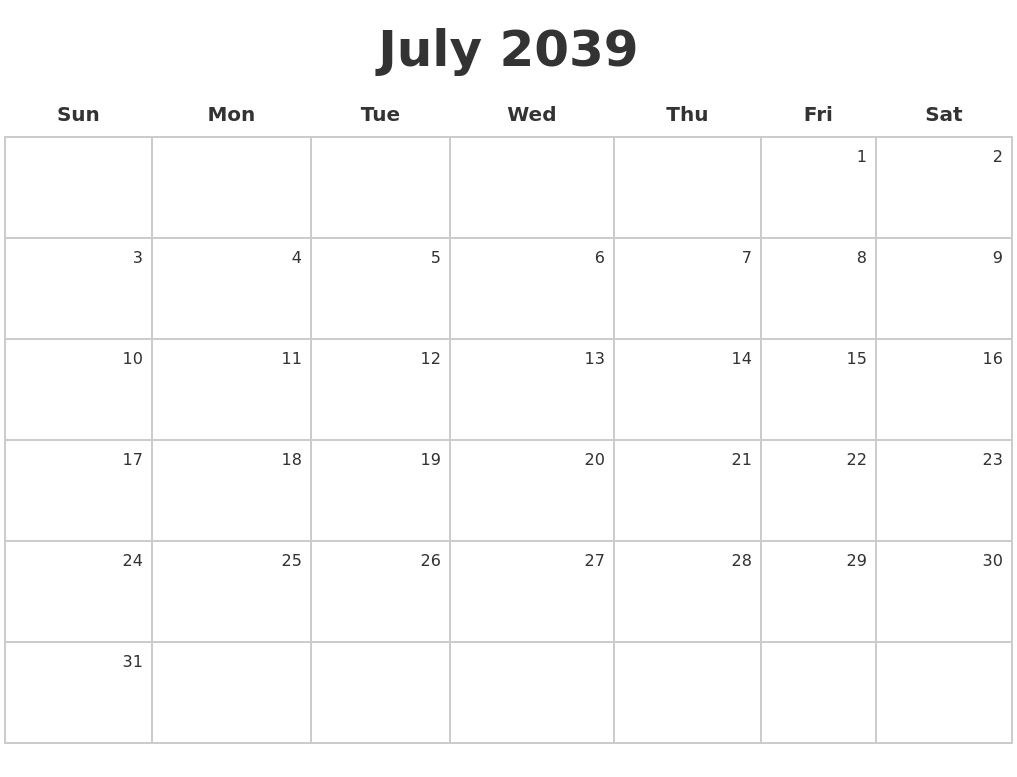 July 2039 Make A Calendar