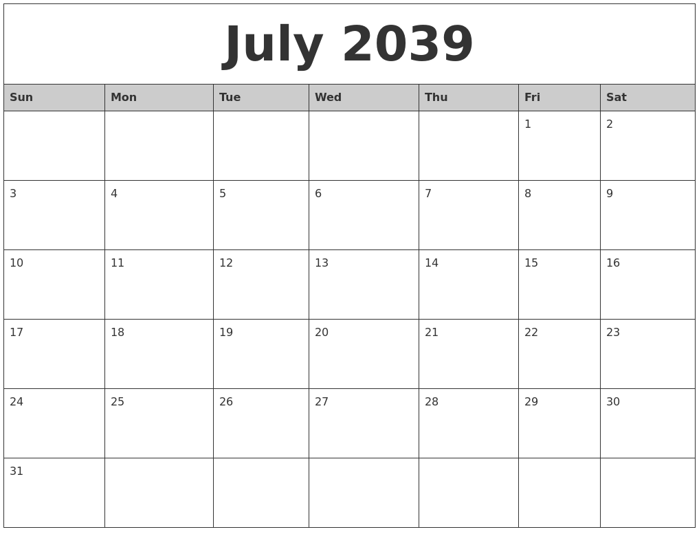 July 2039 Monthly Calendar Printable