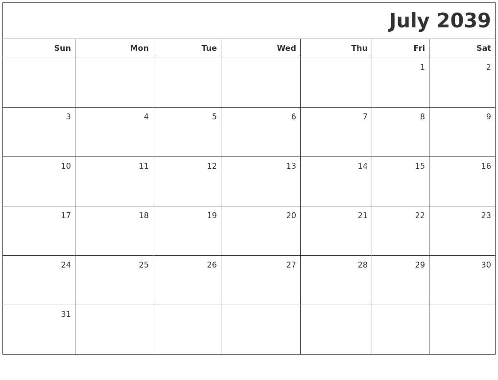 July 2039 Printable Blank Calendar