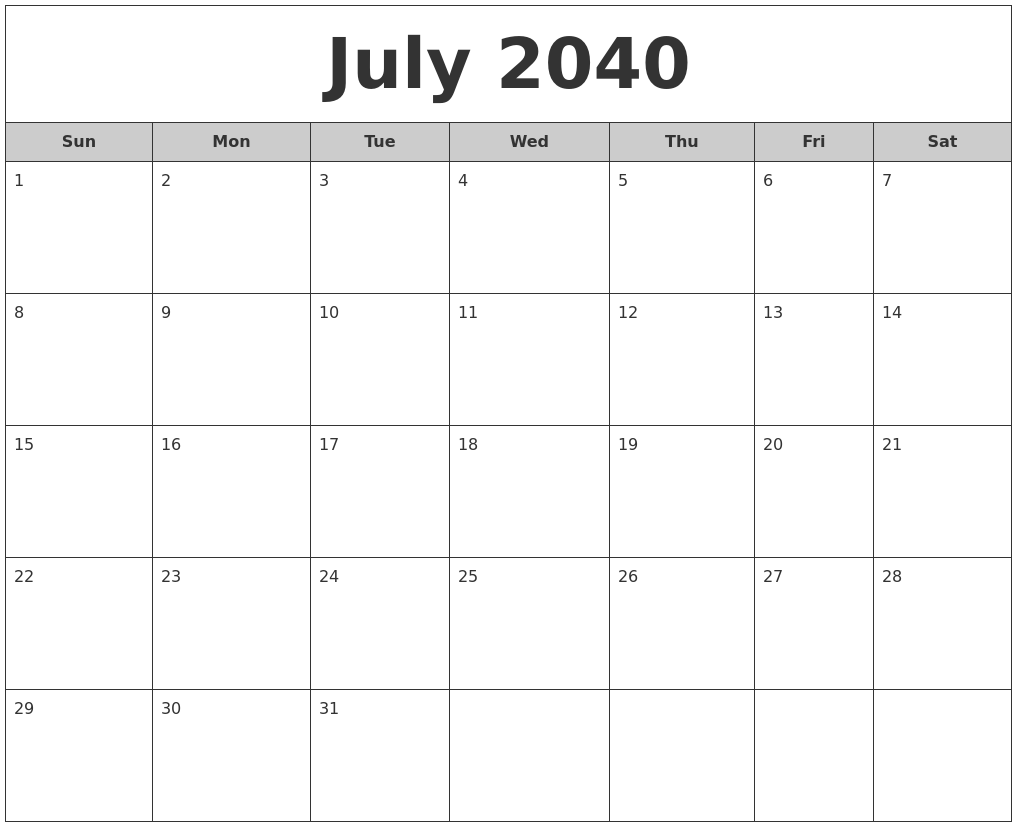 July 2040 Free Monthly Calendar