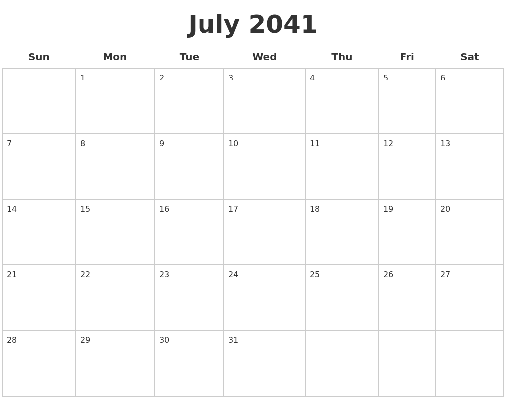 July 2041 Blank Calendar Pages