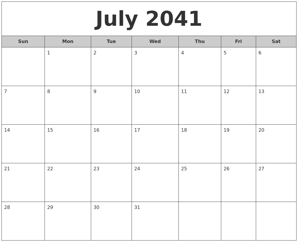 July 2041 Free Monthly Calendar