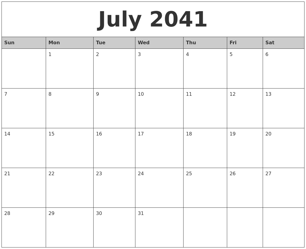 July 2041 Monthly Calendar Printable