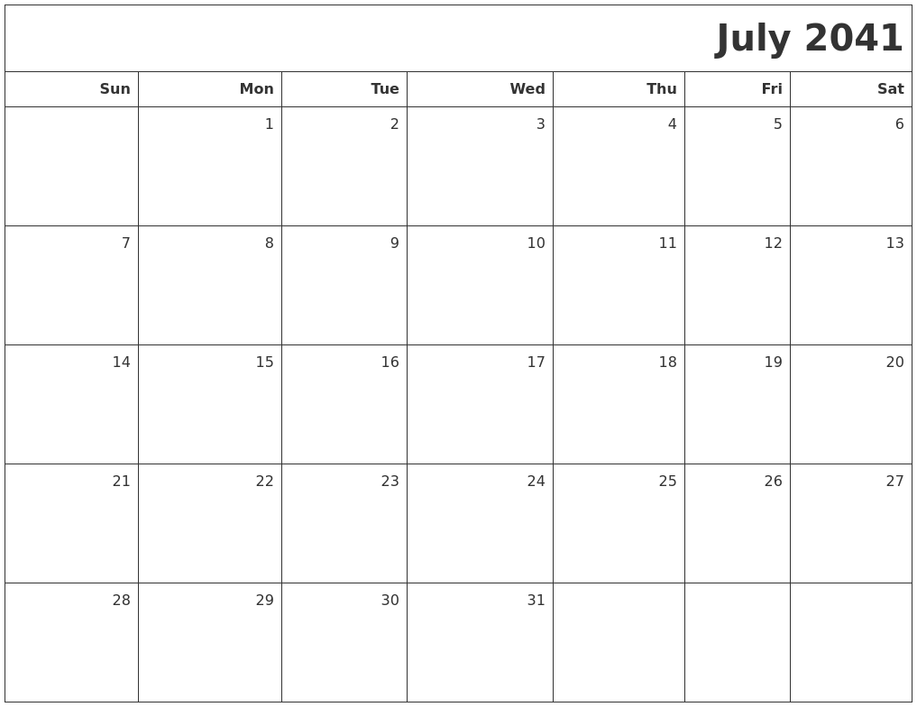 July 2041 Printable Blank Calendar