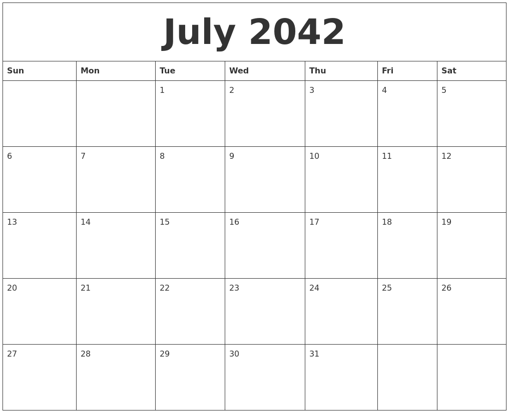 July 2042 Calender Print
