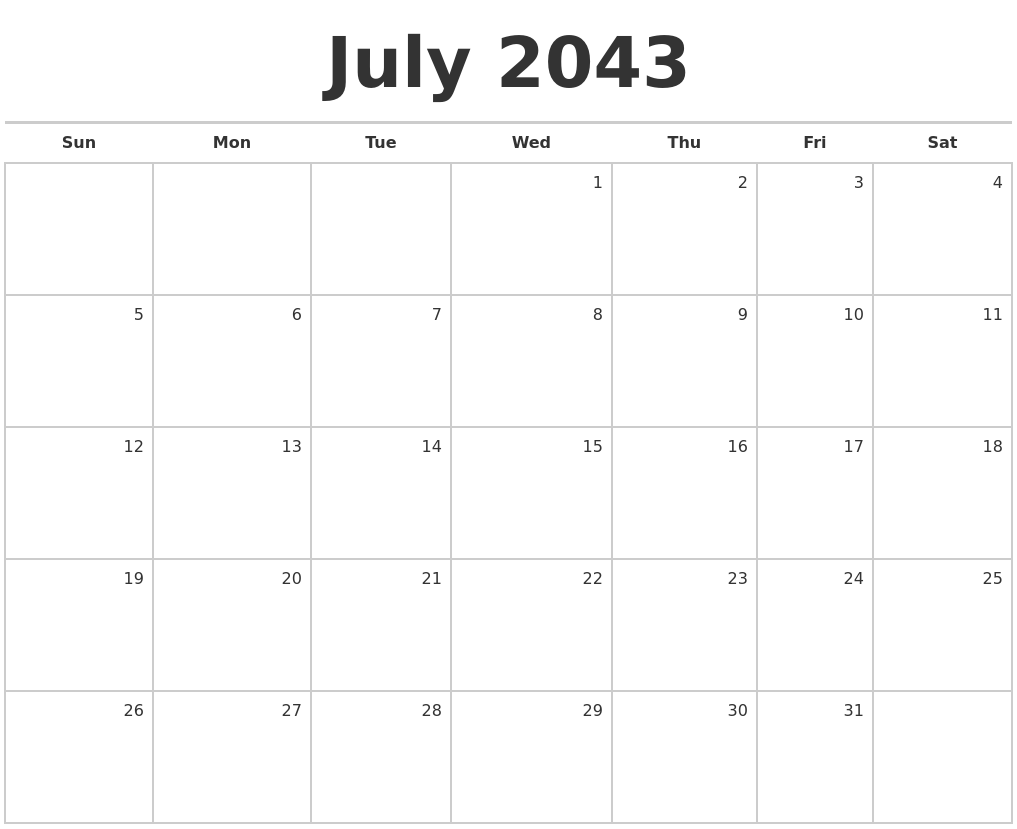 July 2043 Blank Monthly Calendar