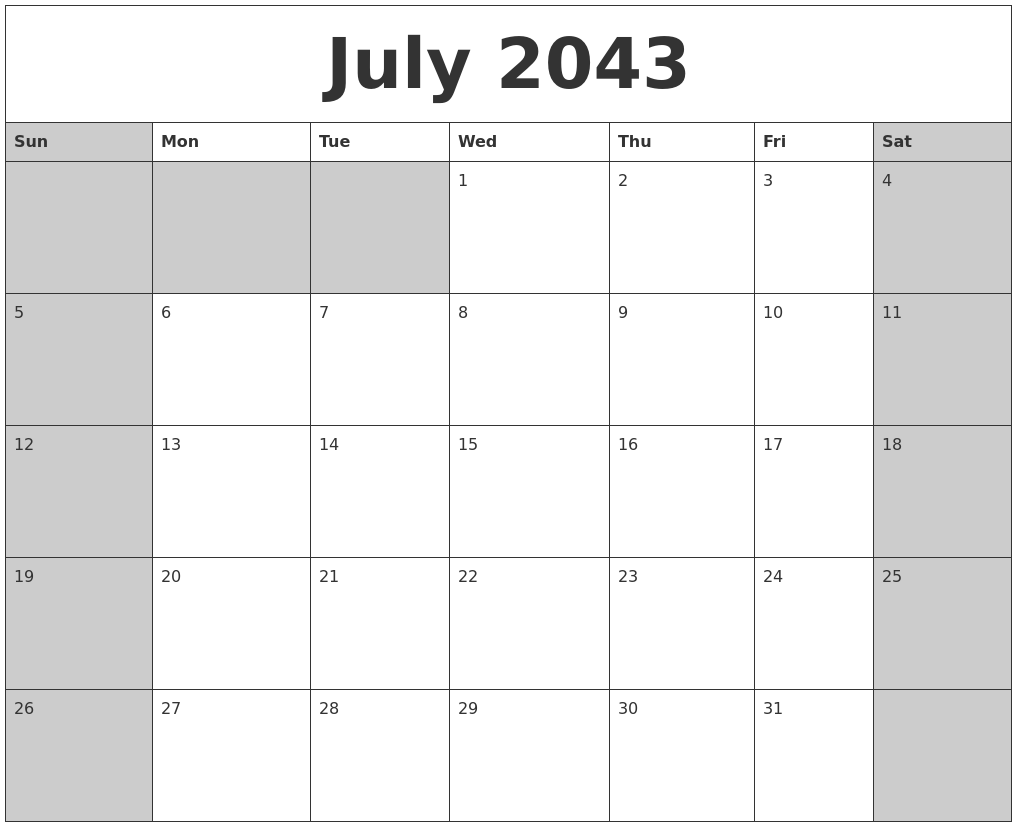 July 2043 Calanders
