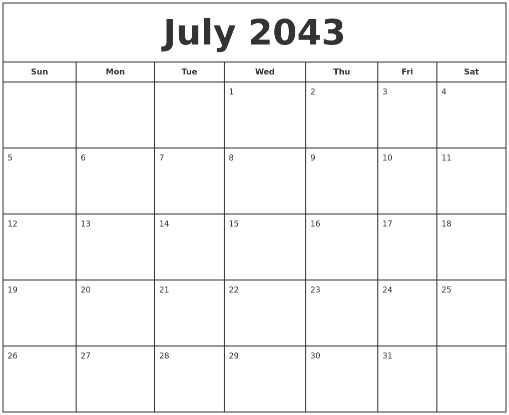 July 2043 Print Free Calendar