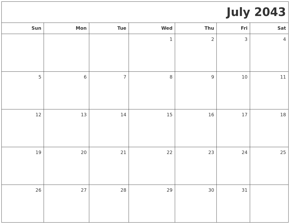 July 2043 Printable Blank Calendar