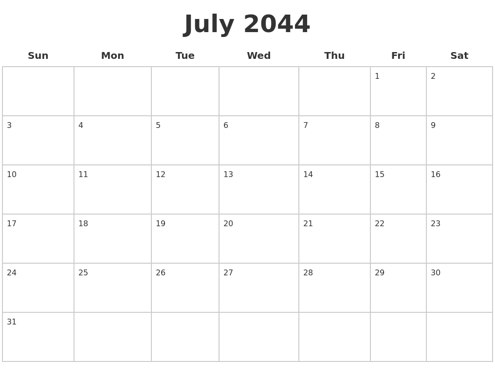July 2044 Blank Calendar Pages