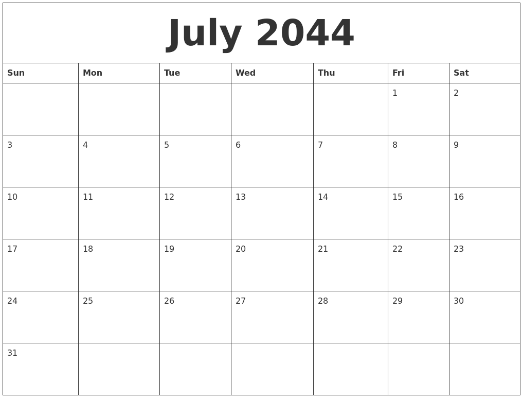 July 2044 Blank Calendar To Print