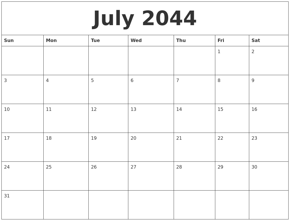 July 2044 Blank Monthly Calendar Template