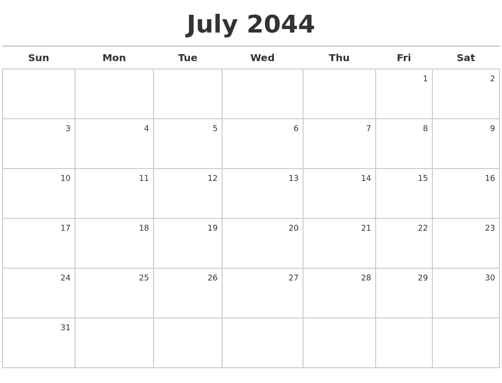 July 2044 Calendar Maker