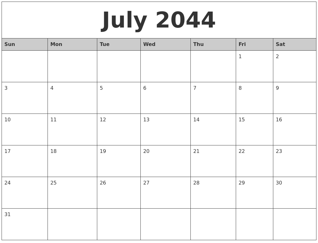 July 2044 Monthly Calendar Printable