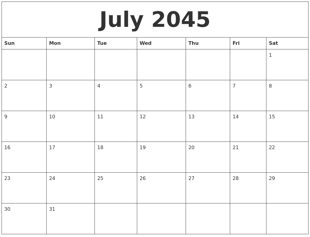 July 2045 Blank Calendar To Print