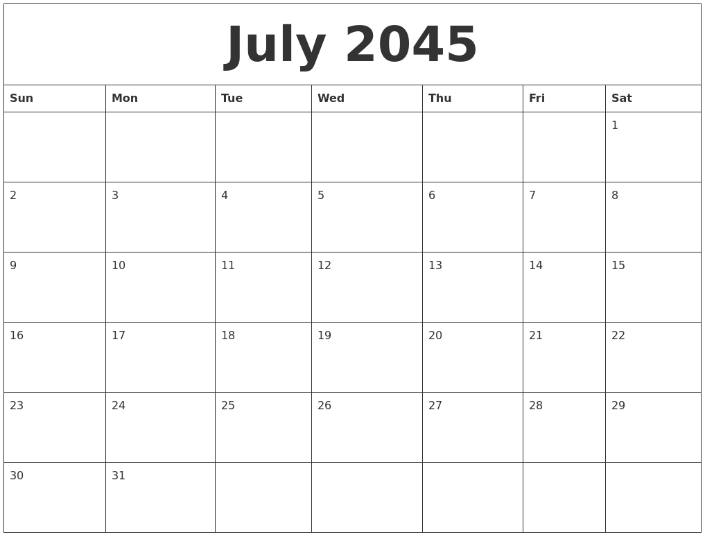 July 2045 Blank Monthly Calendar Template