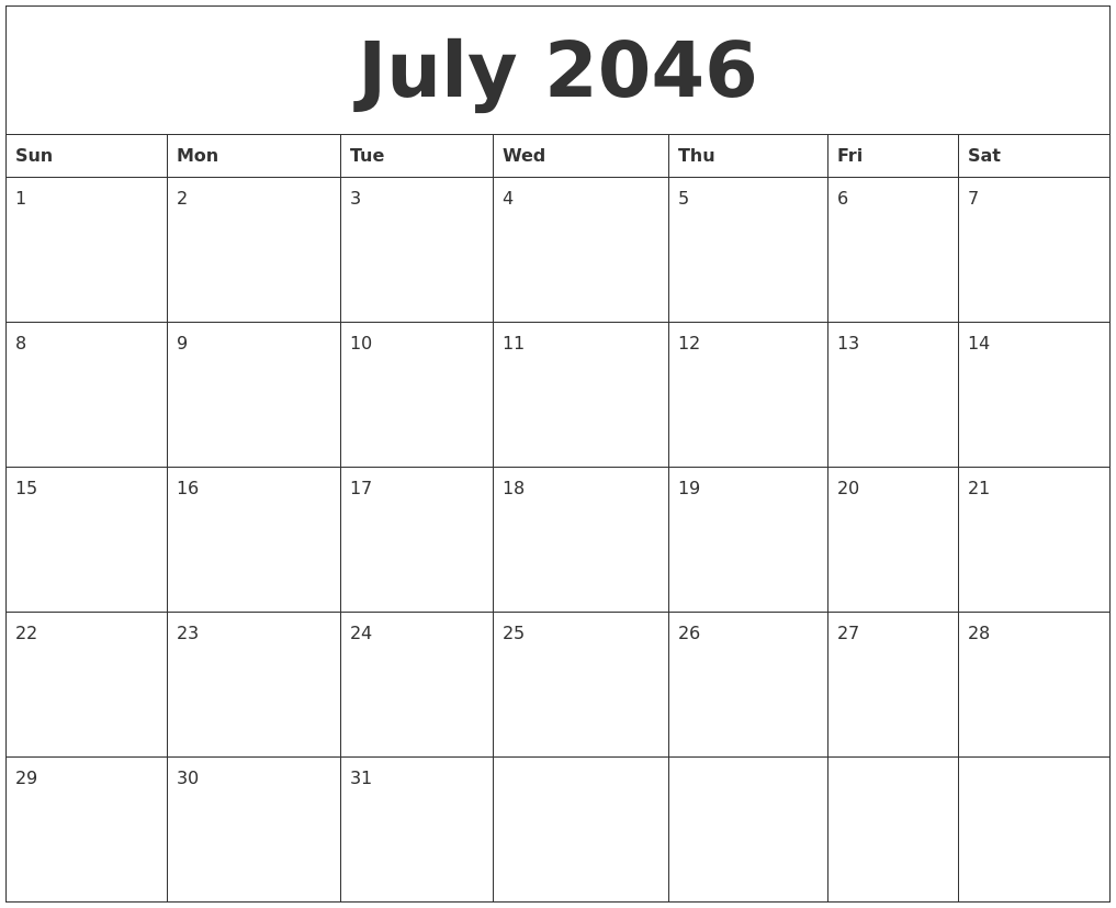 July 2046 Blank Calendar To Print