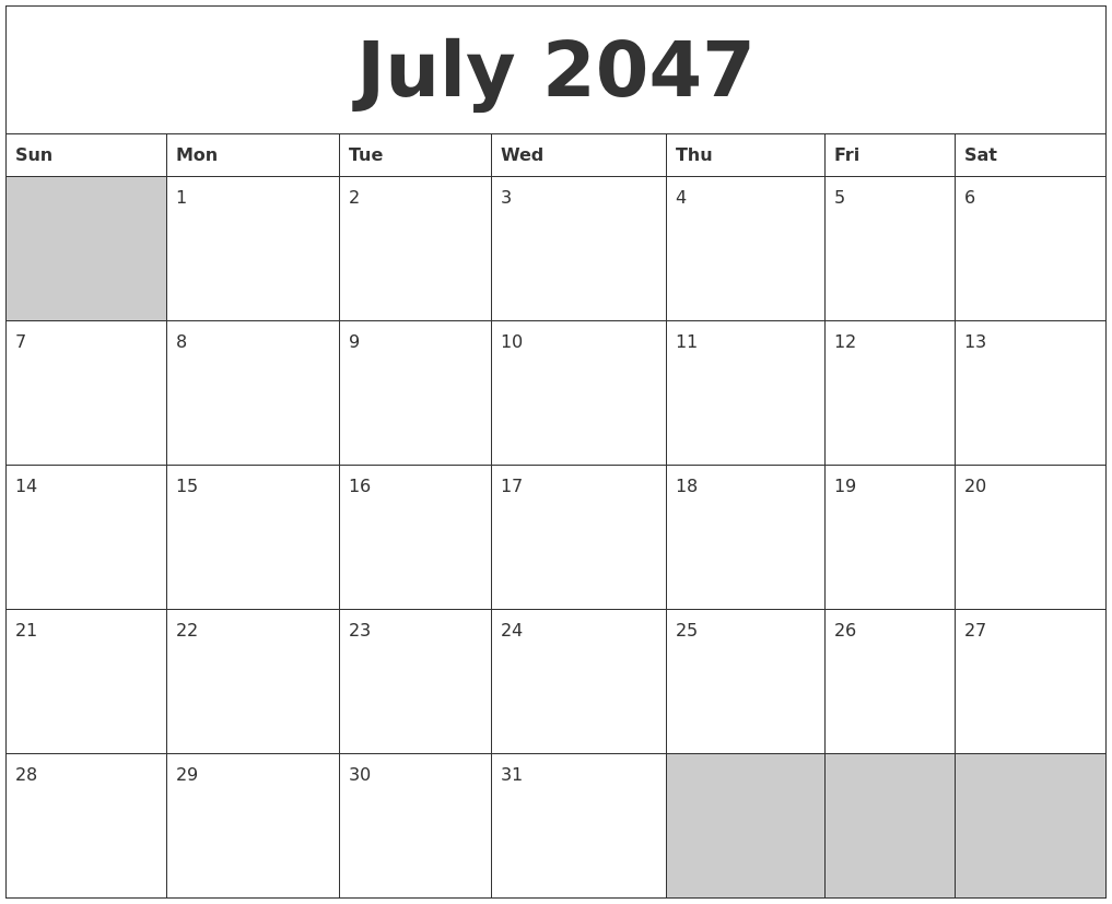 July 2047 Blank Printable Calendar