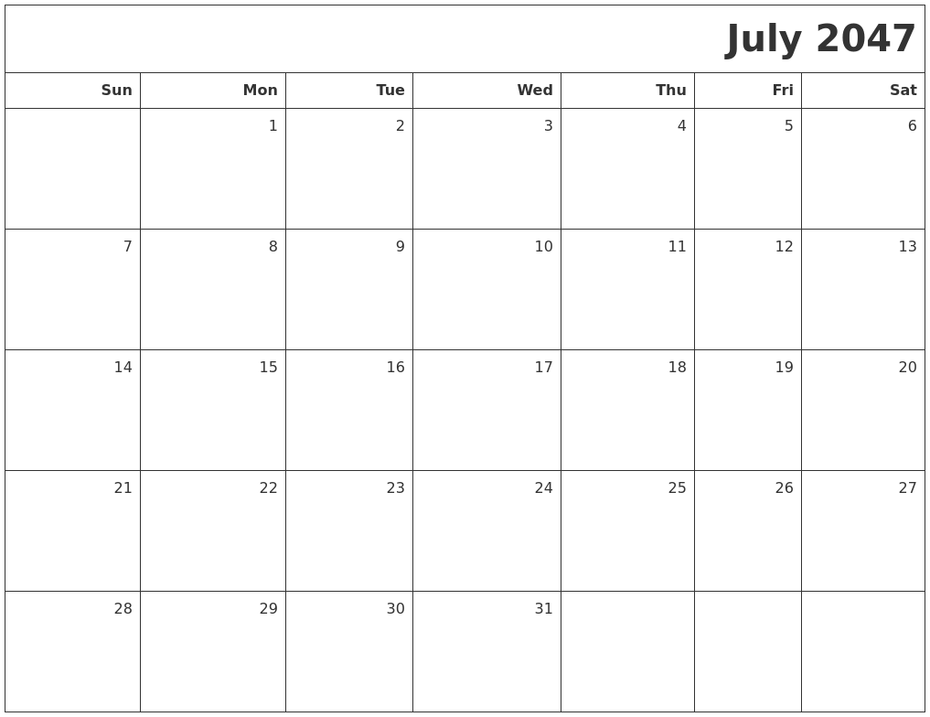 July 2047 Printable Blank Calendar