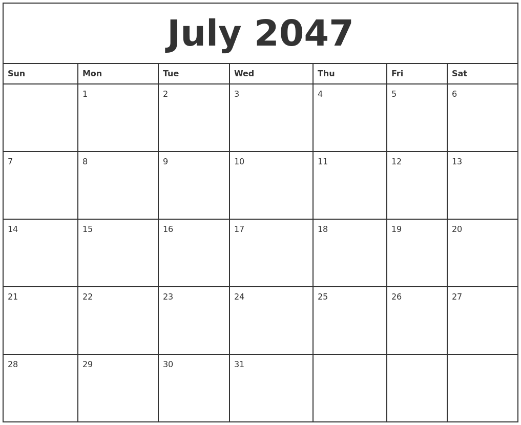 July 2047 Printable Monthly Calendar