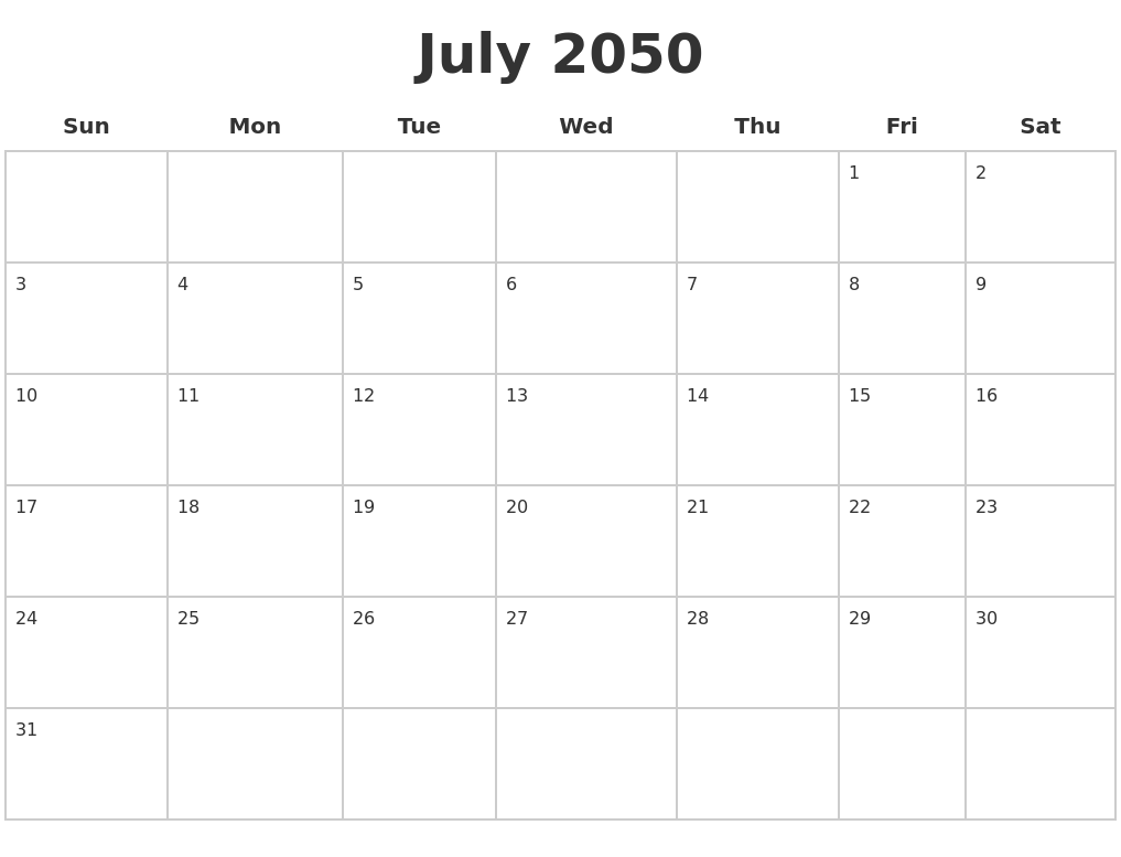 July 2050 Blank Calendar Pages