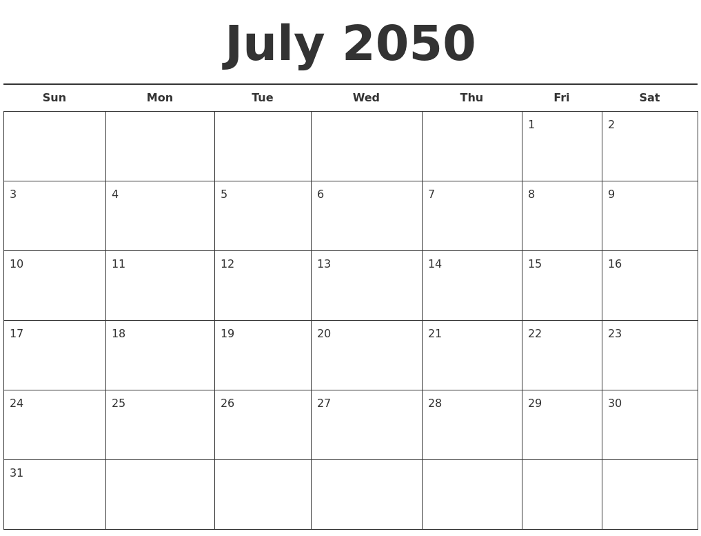 July 2050 Free Calendar Template