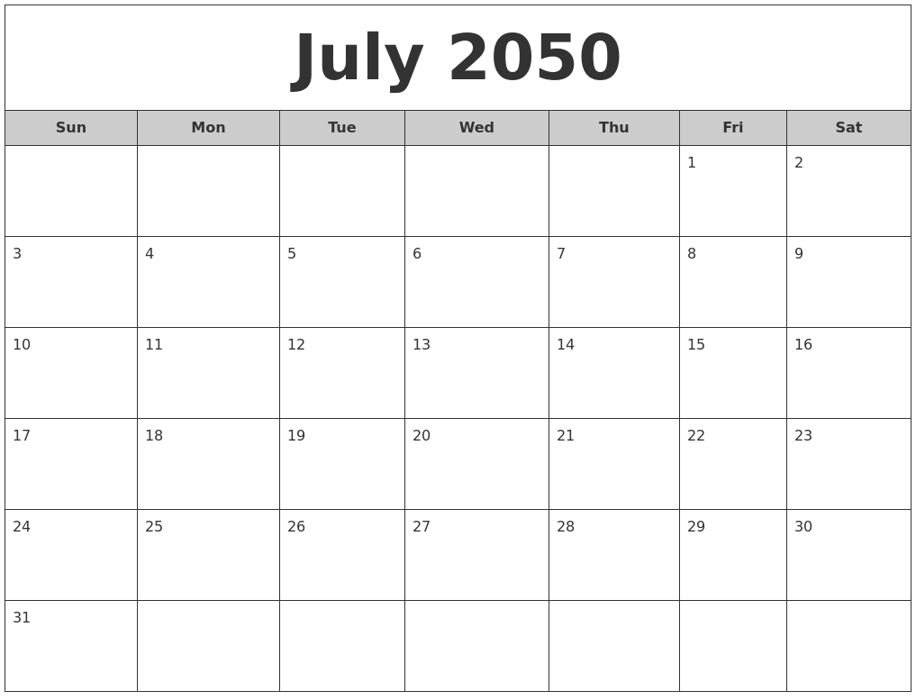 July 2050 Free Monthly Calendar