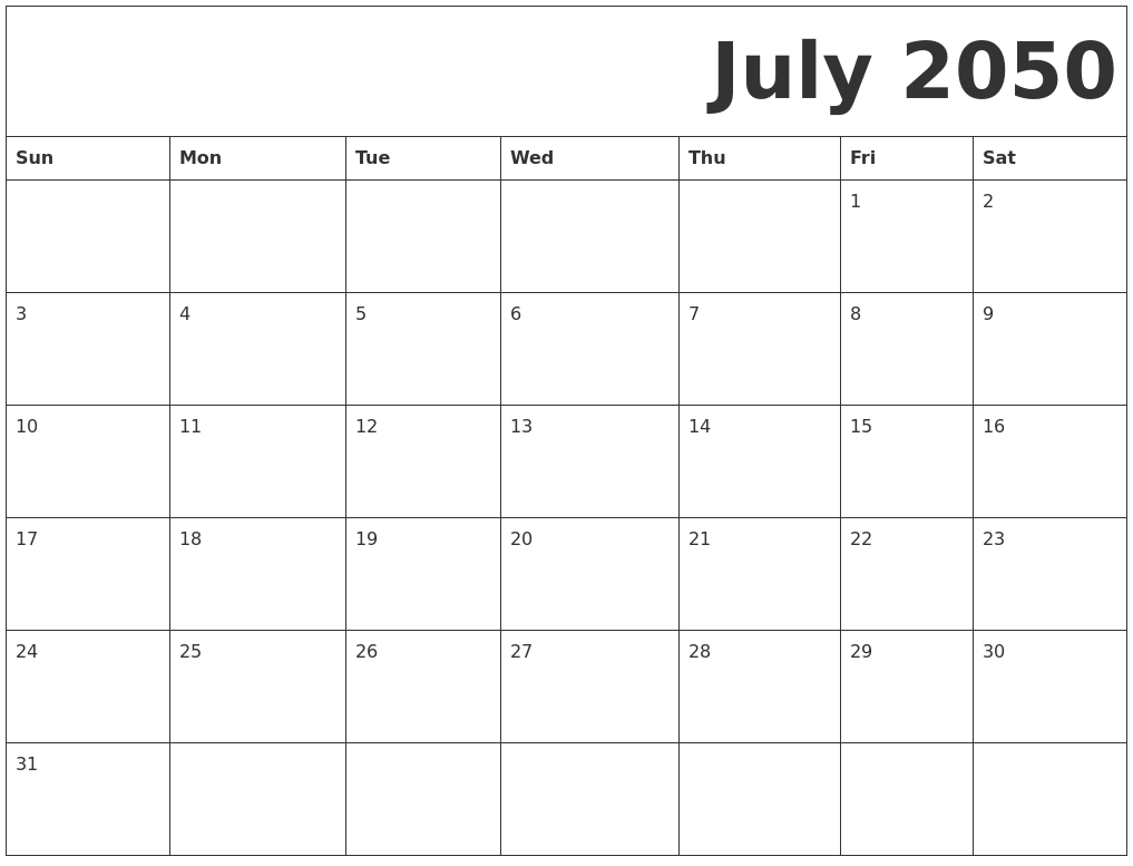 July 2050 Free Printable Calendar