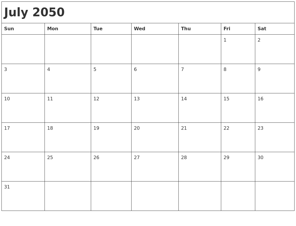 July 2050 Month Calendar