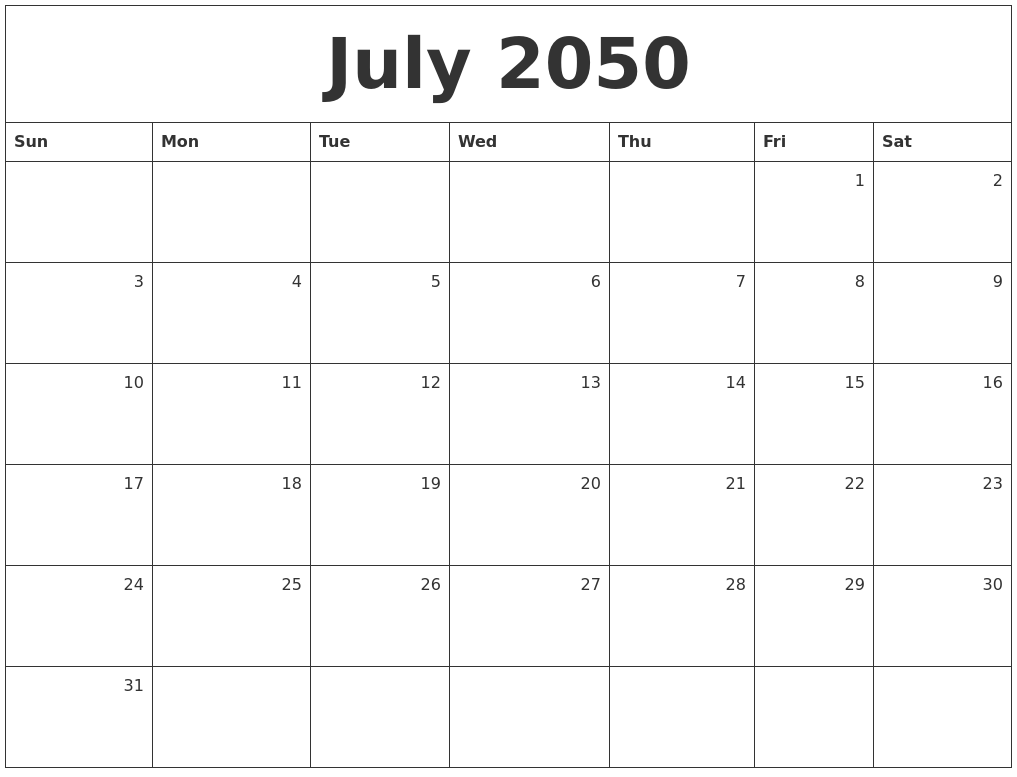 July 2050 Monthly Calendar