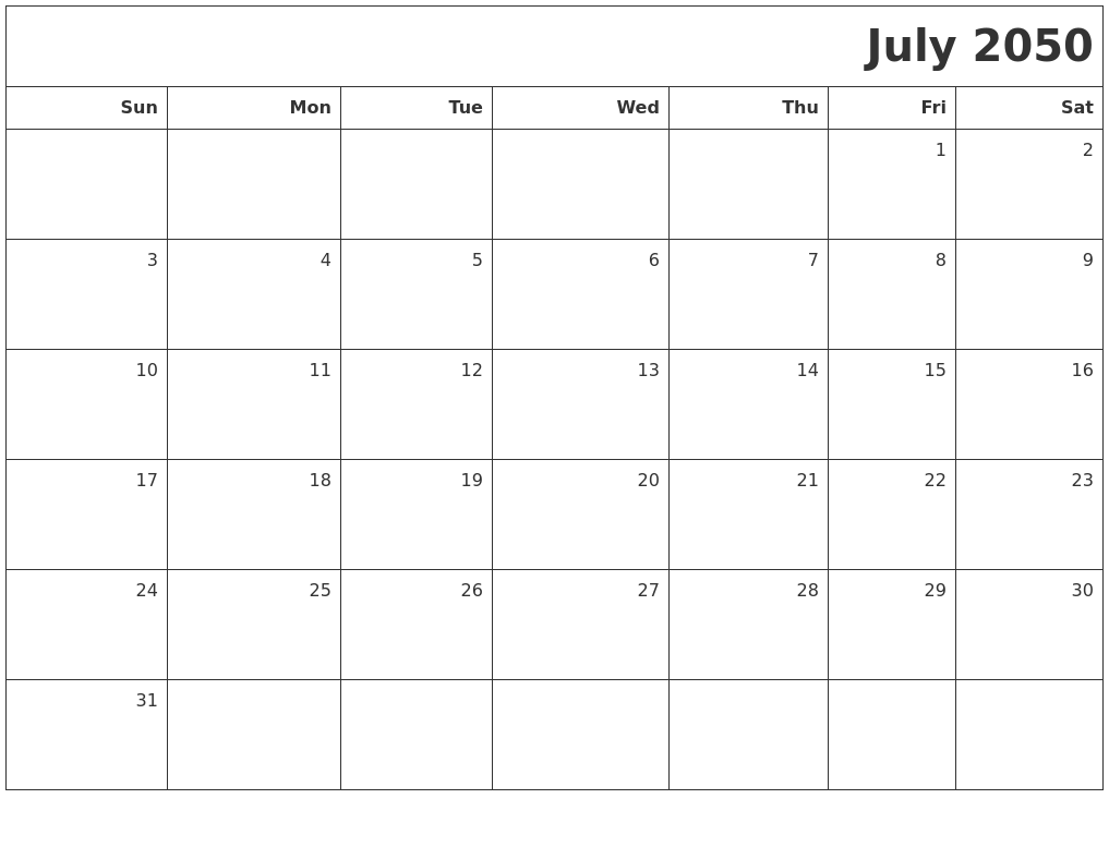 July 2050 Printable Blank Calendar