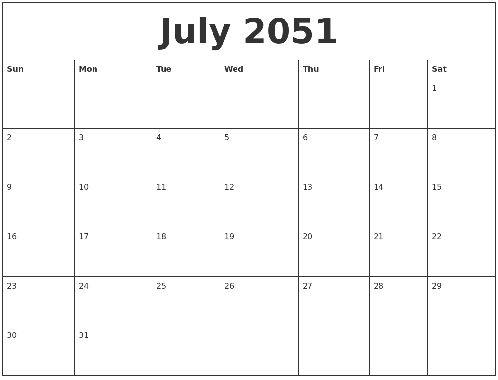 July 2051 Blank Calendar To Print