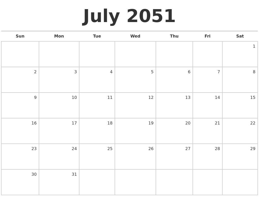 July 2051 Blank Monthly Calendar