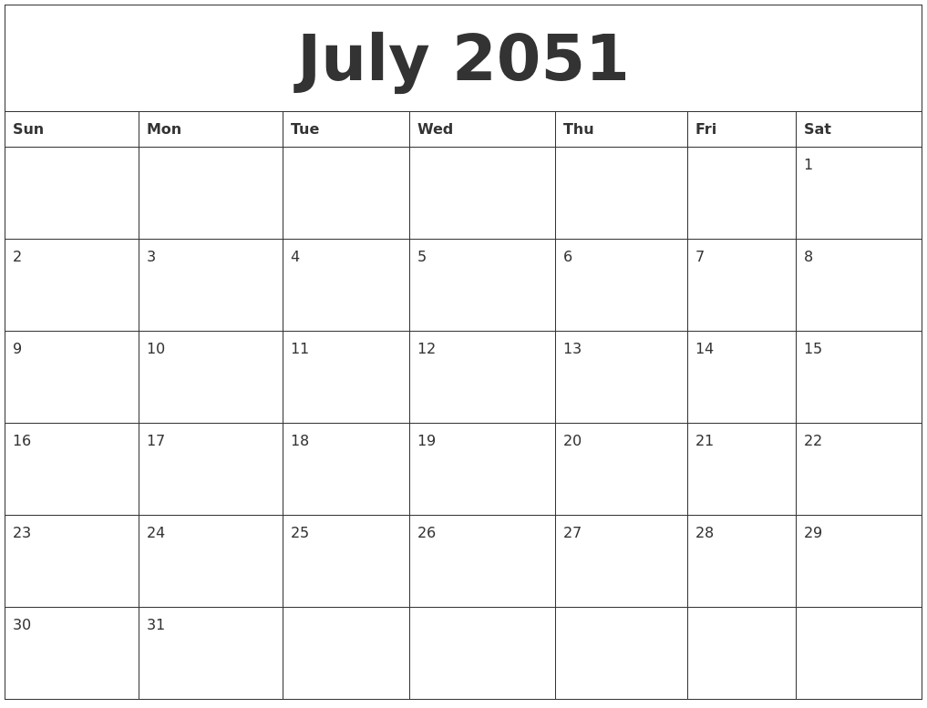 July 2051 Free Monthly Calendar Template