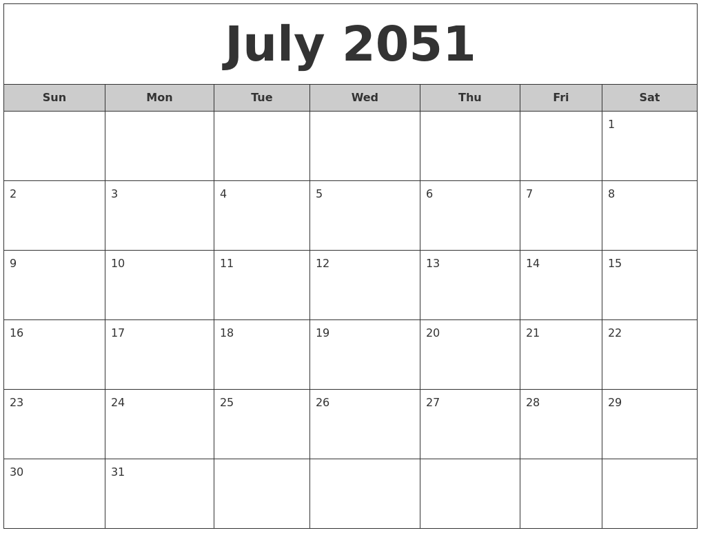 July 2051 Free Monthly Calendar