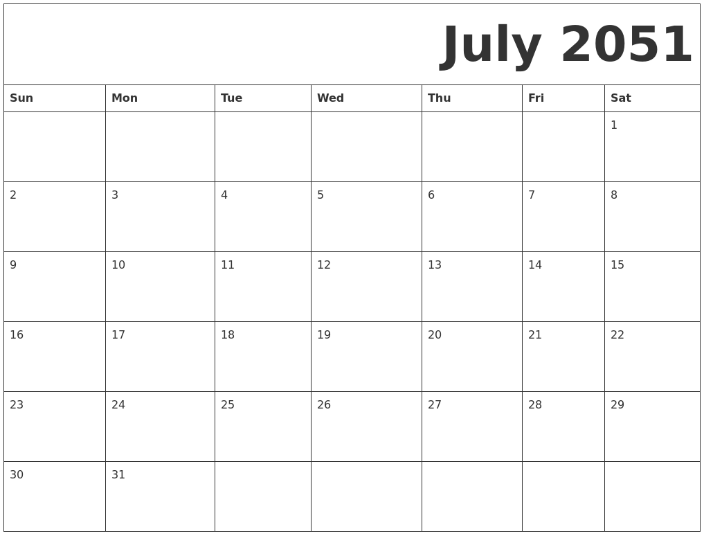 July 2051 Free Printable Calendar