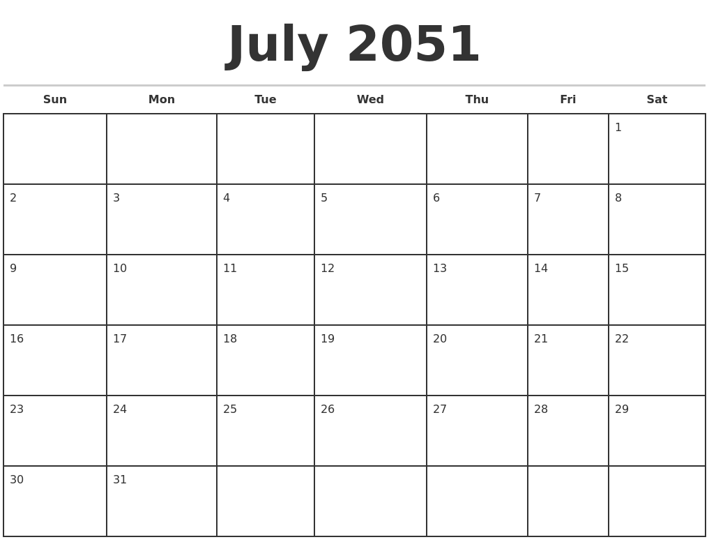 July 2051 Monthly Calendar Template