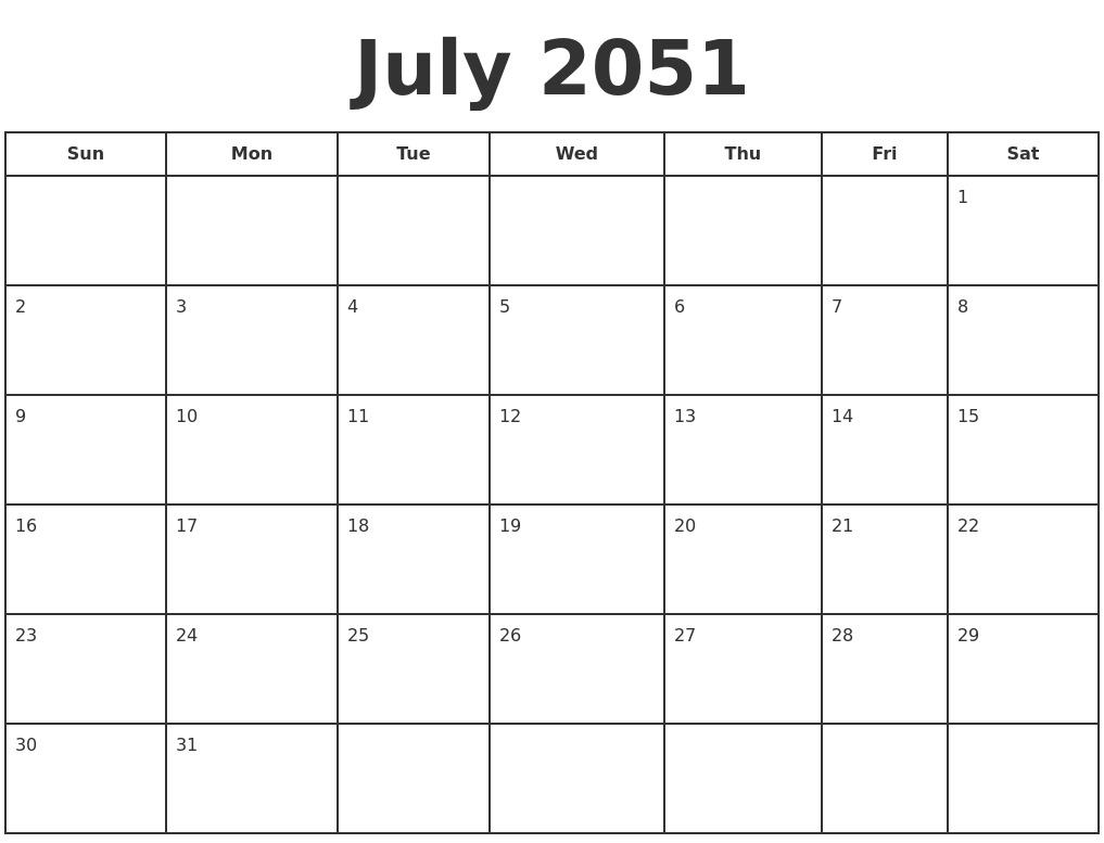 July 2051 Print A Calendar