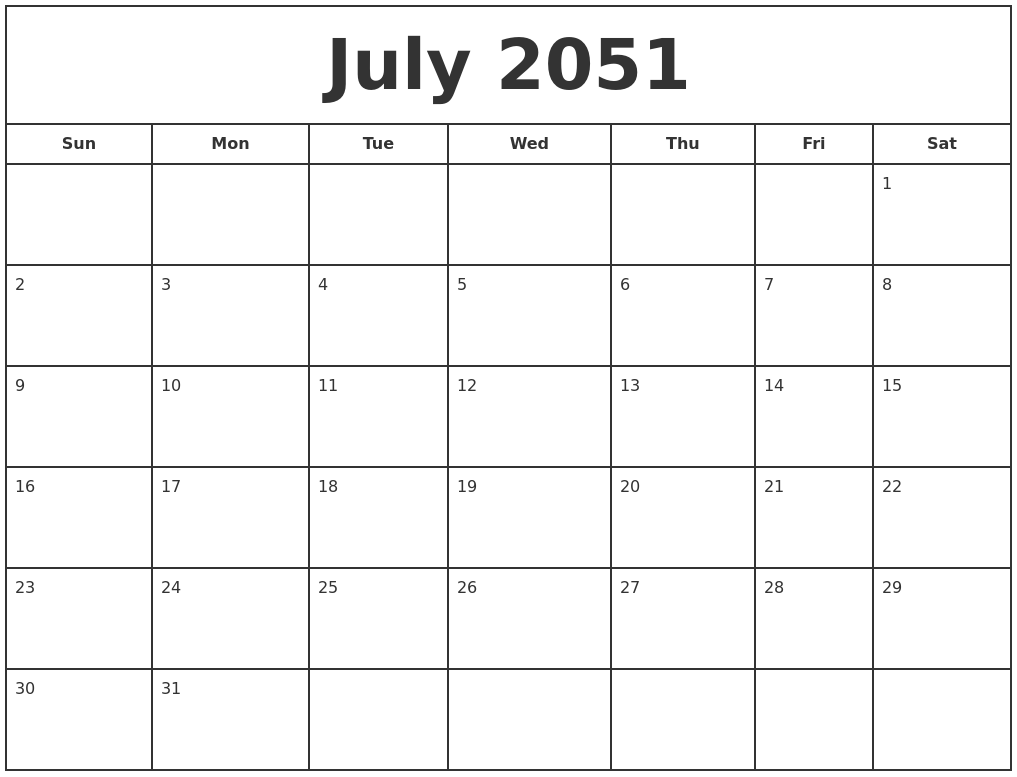 July 2051 Print Free Calendar