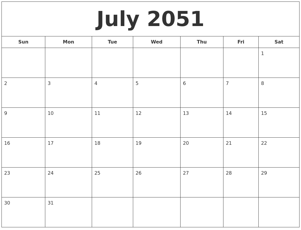 July 2051 Printable Calendar